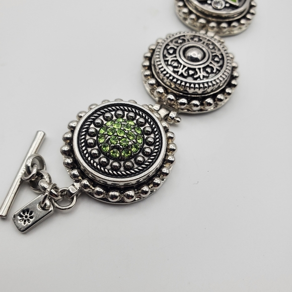 GS Silver Tone Green Rhinestone Bracelet Enamel Link Fashion Jewelry 7 1/2" - Picture 8 of 10